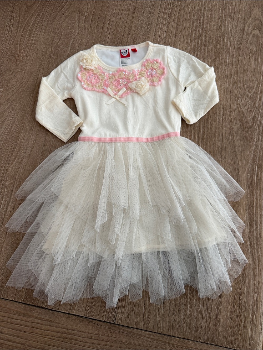 Girls Mini Mini Cream Tulle Dress with Pink Trim and Floral Appliqué